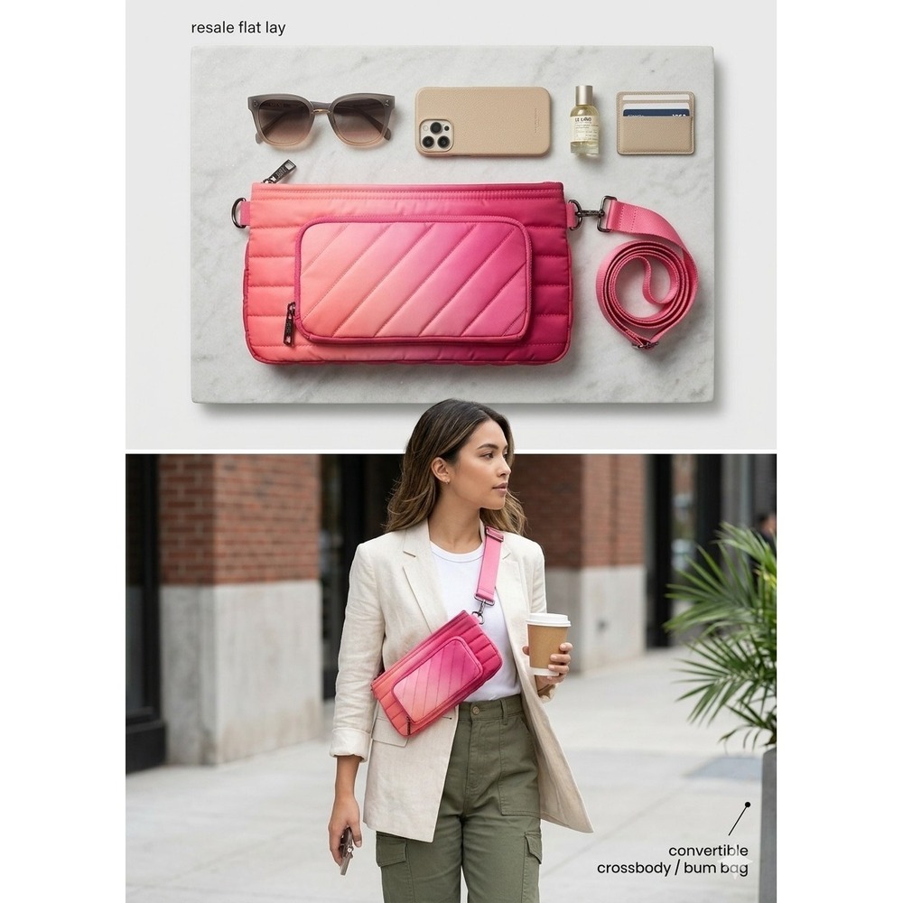 THINK ROYLN The Bum Bag Pink Ombre Quilted Nylon Crossbody Fanny Pack Waist Bag